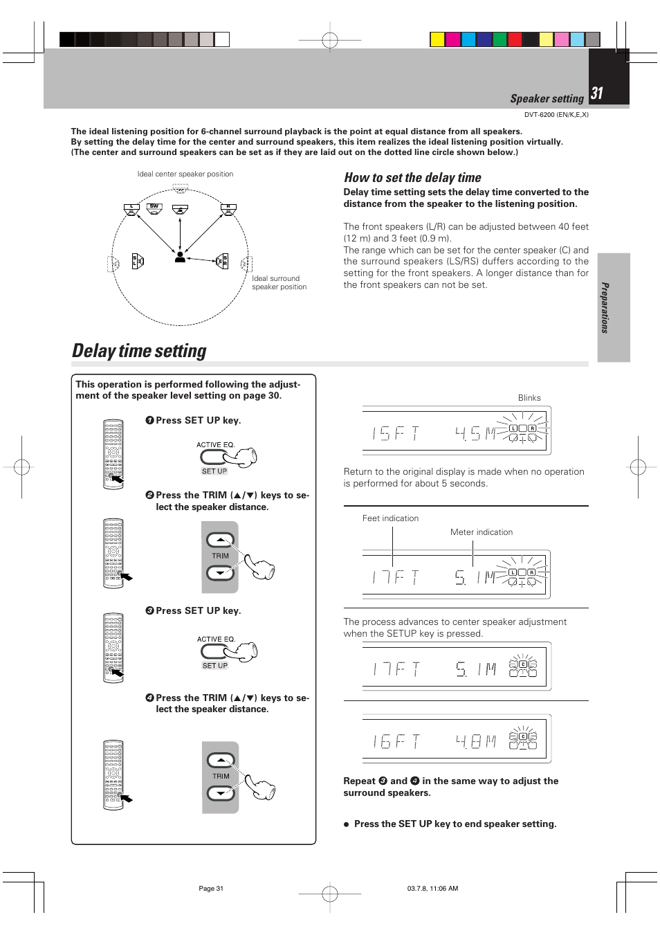 Delay time setting, How to set the delay time, Set up functions | Speaker setting | Kenwood DVT-6200 User Manual | Page 31 / 60