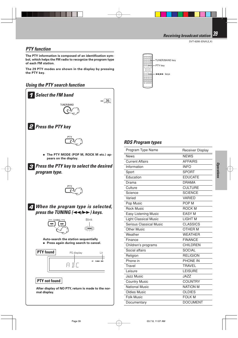 Rds program types, Pty function, Using the pty search function select the fm band ﬂ | Press the pty key | Kenwood DVT-6200 User Manual | Page 39 / 60