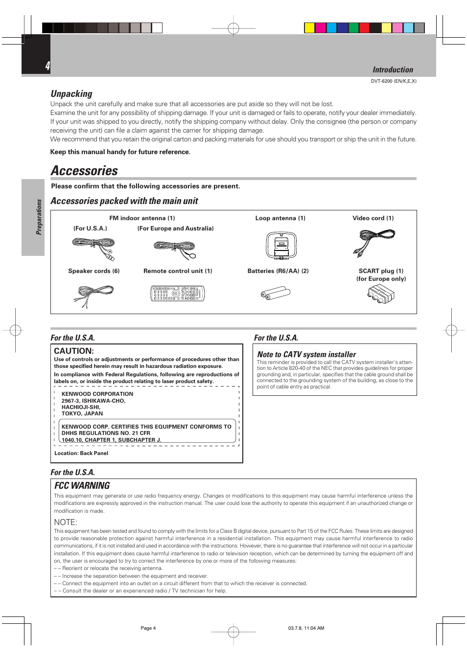 Accessories, Unpacking, Accessories packed with the main unit | Fcc warning, Introduction, For the u.s.a | Kenwood DVT-6200 User Manual | Page 4 / 60