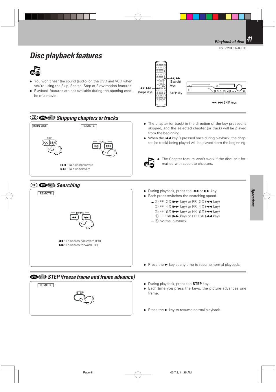 Disc playback features, Skipping chapters or tracks, Searching | Step (freeze frame and frame advance), Various playback functions | Kenwood DVT-6200 User Manual | Page 41 / 60