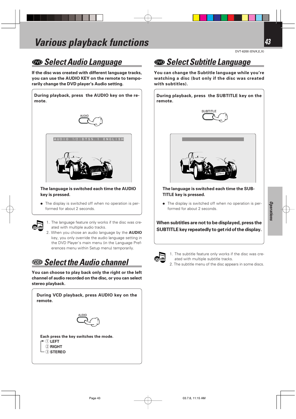 Various playback functions, Select audio language, Select the audio channel | Select subtitle language | Kenwood DVT-6200 User Manual | Page 43 / 60