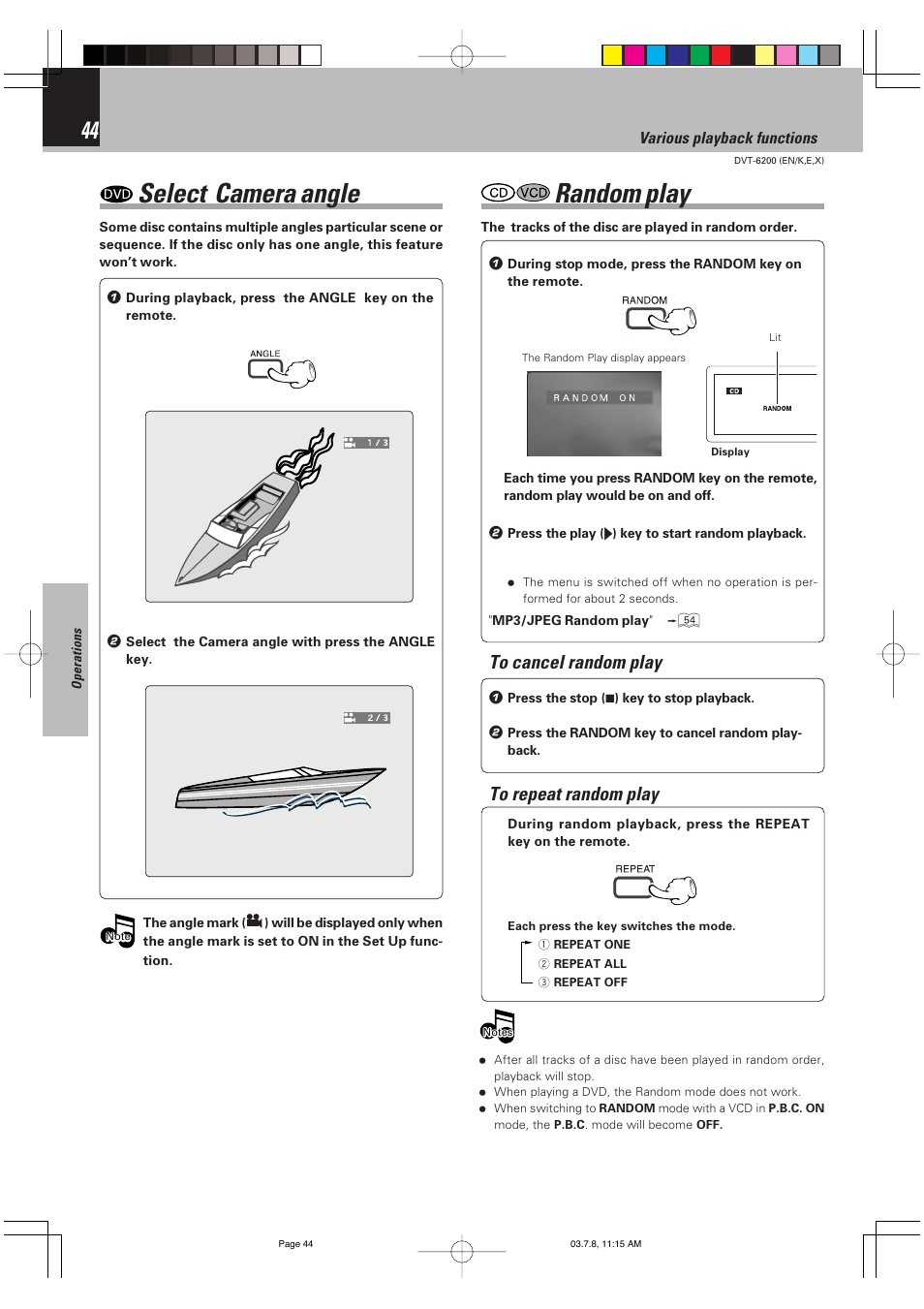 Select camera angle, Random play | Kenwood DVT-6200 User Manual | Page 44 / 60