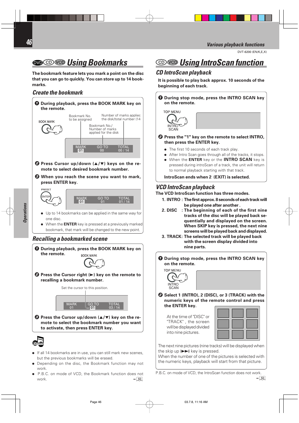 Using bookmarks, Using introscan function, Create the bookmark | Recalling a bookmarked scene, Cd introscan playback, Vcd introscan playback, Various playback functions | Kenwood DVT-6200 User Manual | Page 46 / 60