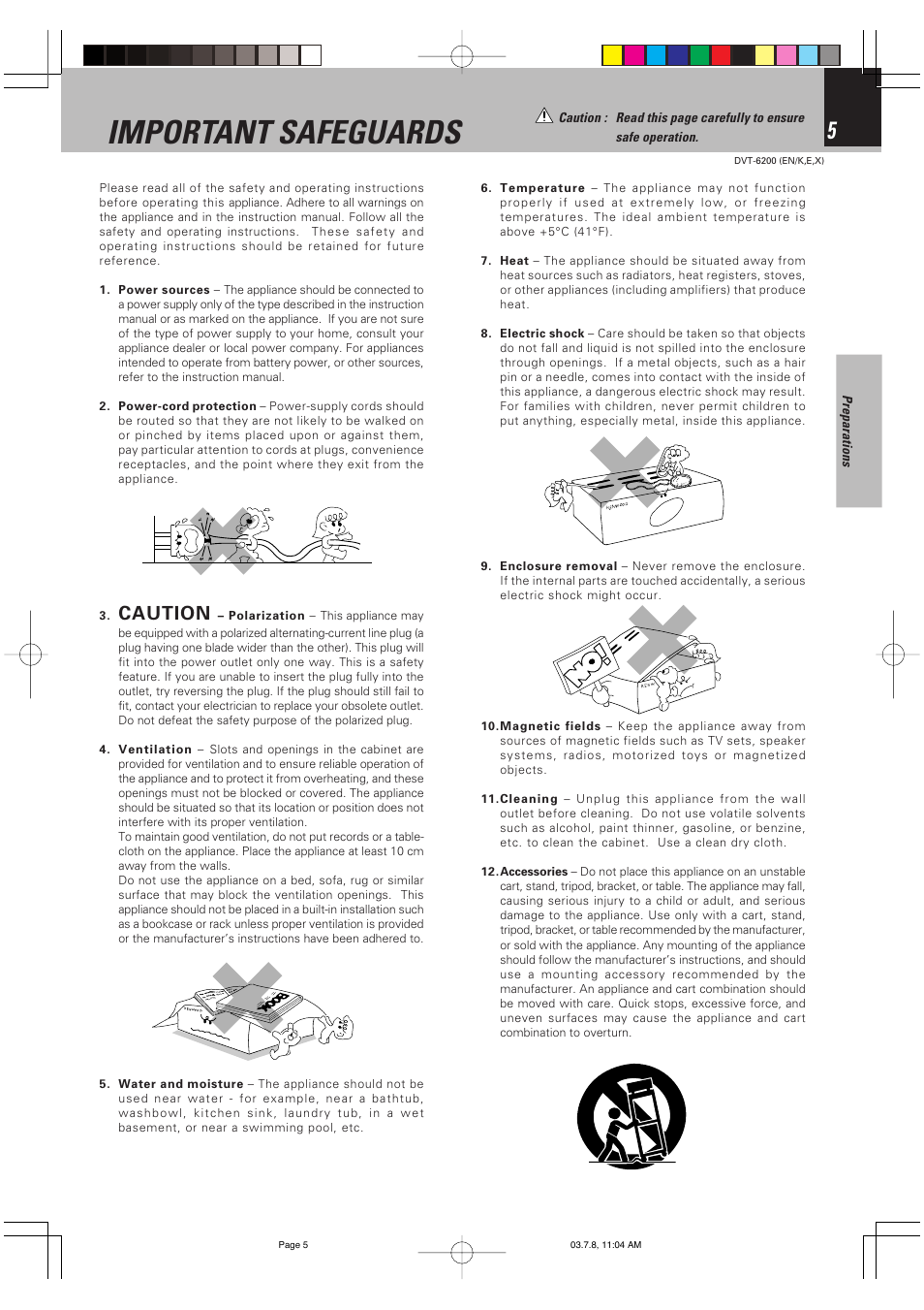 Important safeguards, Caution | Kenwood DVT-6200 User Manual | Page 5 / 60