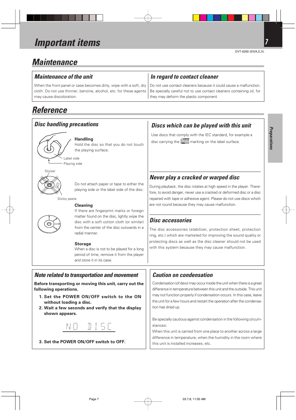 Important items, Maintenance reference, Discs which can be played with this unit | Disc handling precautions disc accessories, Never play a cracked or warped disc, Caution on condensation, Maintenance of the unit | Kenwood DVT-6200 User Manual | Page 7 / 60