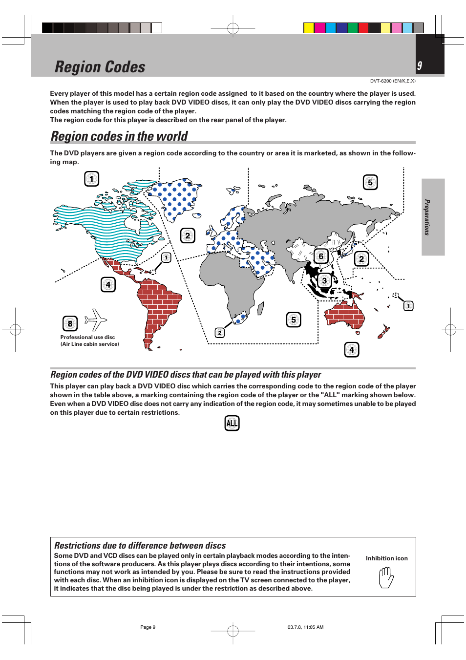 Region codes, Region codes in the world | Kenwood DVT-6200 User Manual | Page 9 / 60