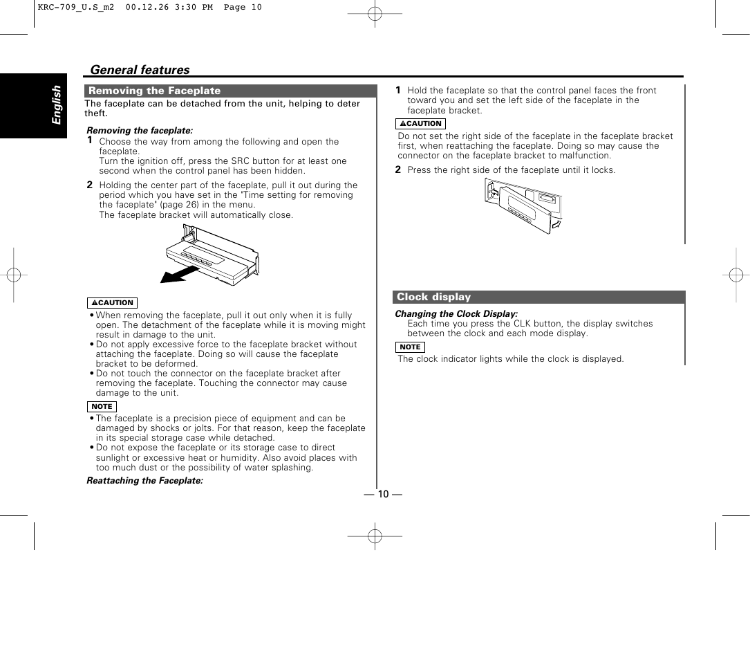 Removing the faceplate, Clock display, General features | Kenwood KRC-709 User Manual | Page 10 / 39