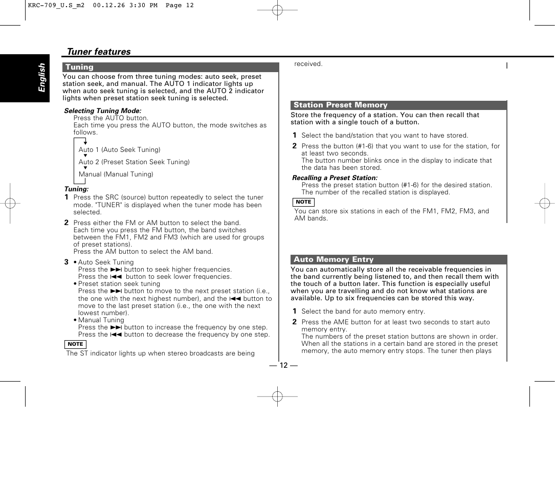 Tuning, Station preset memory, Auto memory entry | Tuner features | Kenwood KRC-709 User Manual | Page 12 / 39