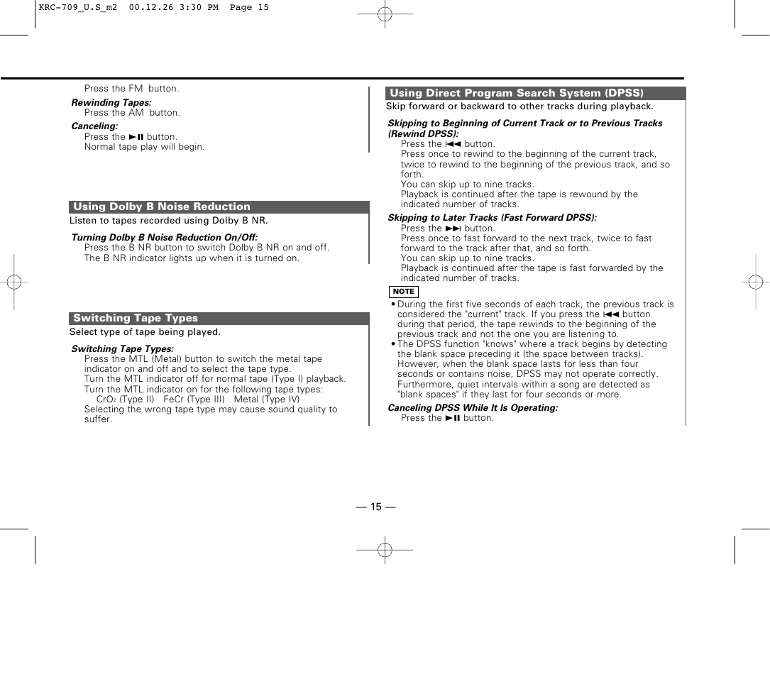 Using dolby b noise reduction, Switching tape types, Using direct program search system (dpss) | Kenwood KRC-709 User Manual | Page 15 / 39