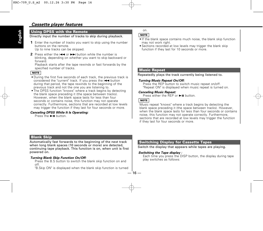 Using dpss with the remote, Blank skip, Music repeat | Switching display for cassette tapes, Cassette player features | Kenwood KRC-709 User Manual | Page 16 / 39