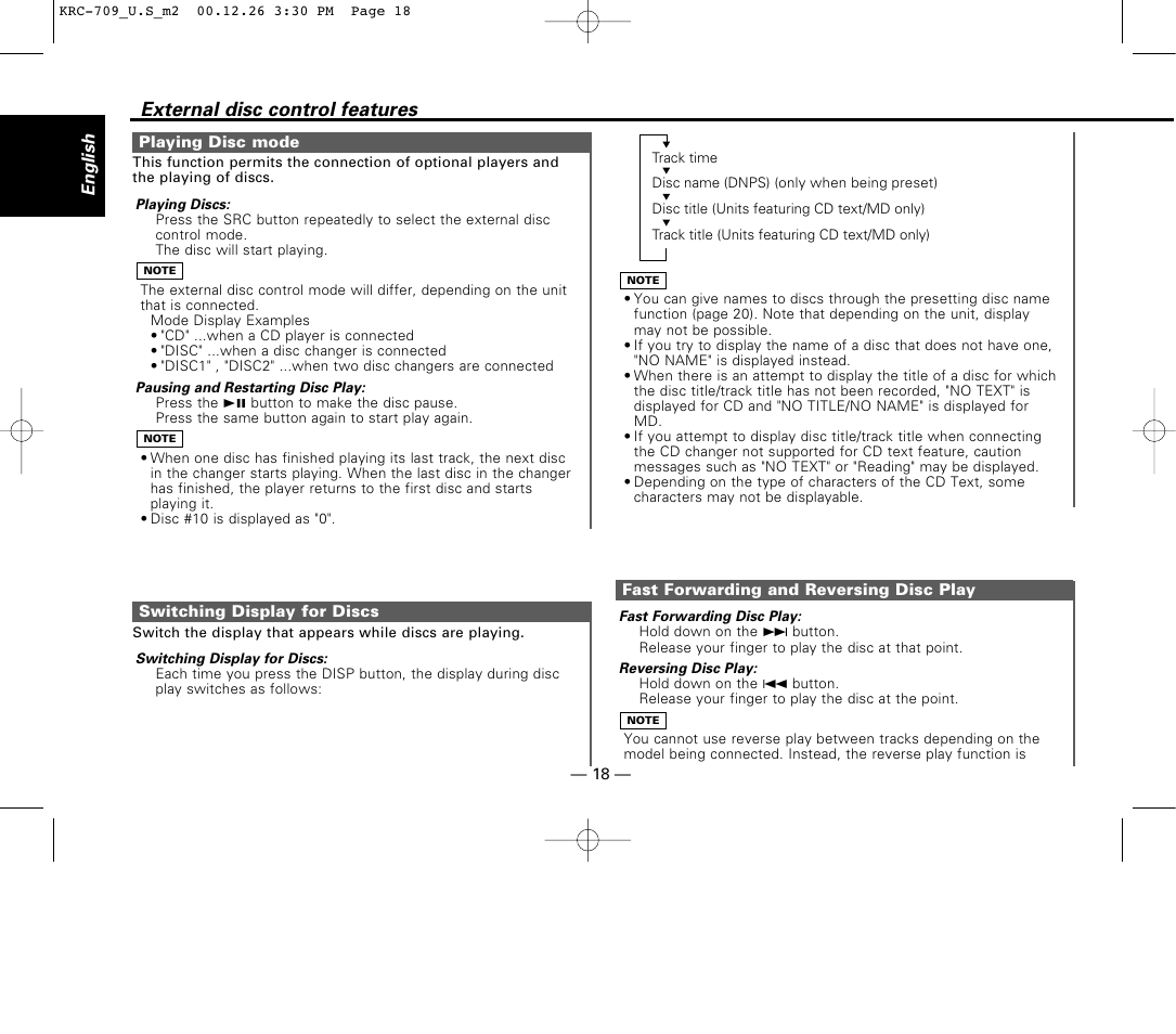 Playing disc mode, Switching display for discs, Fast forwarding and reversing disc play | External disc control features | Kenwood KRC-709 User Manual | Page 18 / 39