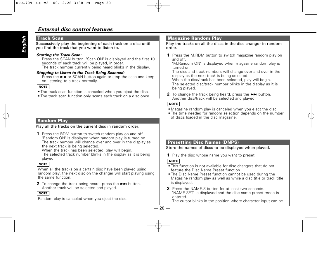 Track scan, Random play, Magazine random play | Presetting disc names (dnps), External disc control features | Kenwood KRC-709 User Manual | Page 20 / 39