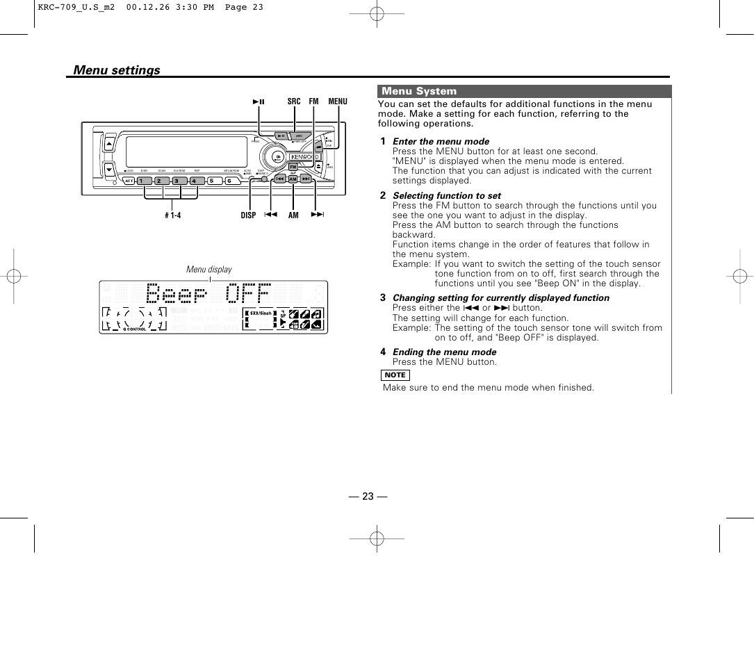 Menu settings, Menu system, 43 2 1 menu system | Kenwood KRC-709 User Manual | Page 23 / 39