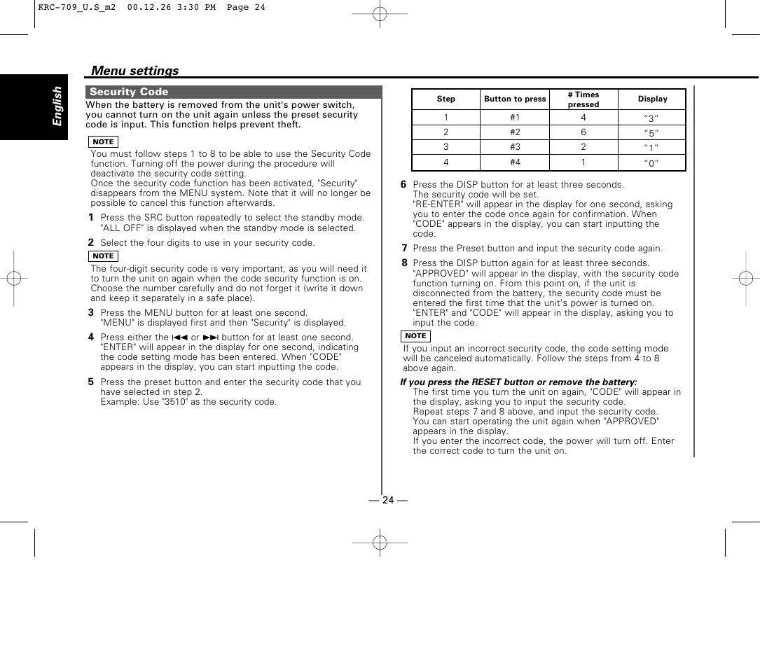 Security code, Menu settings | Kenwood KRC-709 User Manual | Page 24 / 39