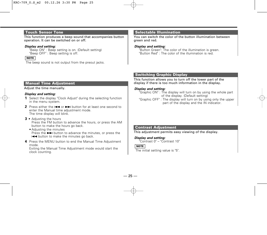 Touch sensor tone, Manual time adjustment, Selectable illumination | Switching graphic display, Contrast adjustment | Kenwood KRC-709 User Manual | Page 25 / 39