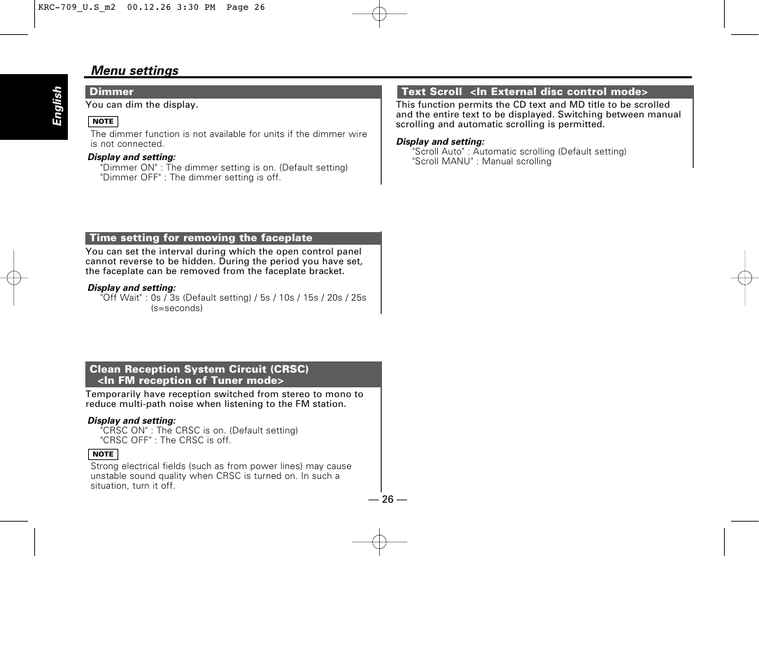 Dimmer, Time setting for removing the faceplate, Clean reception system circuit (crsc) | Text scroll, Menu settings | Kenwood KRC-709 User Manual | Page 26 / 39