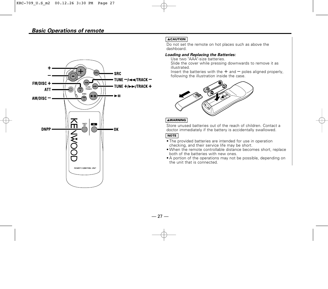 Basic operations of remote | Kenwood KRC-709 User Manual | Page 27 / 39