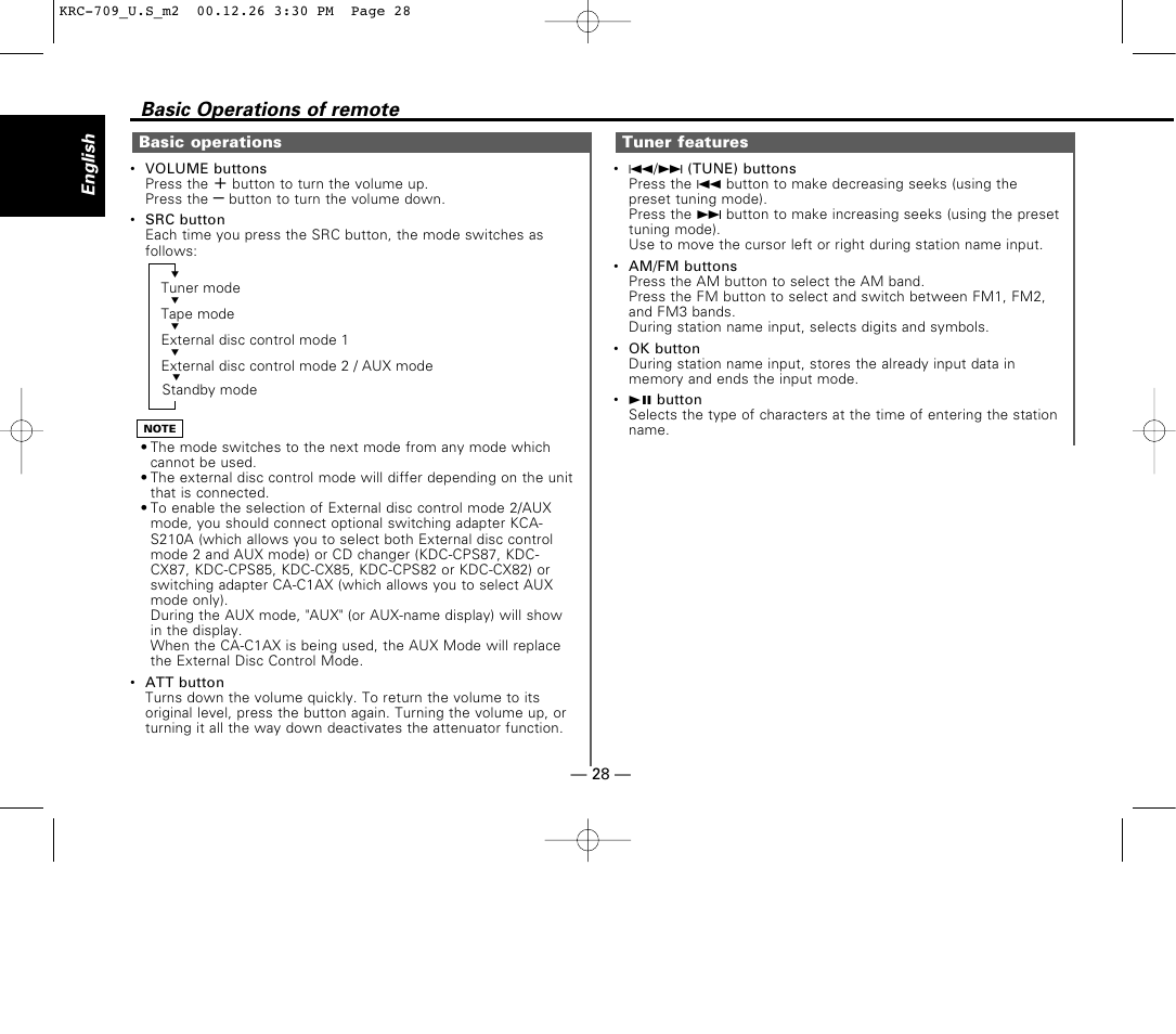 Basic operations, Tuner features, Basic operations of remote | Kenwood KRC-709 User Manual | Page 28 / 39