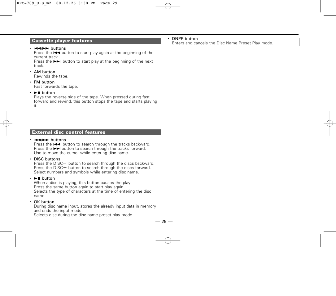 Cassette player features, External disc control features | Kenwood KRC-709 User Manual | Page 29 / 39