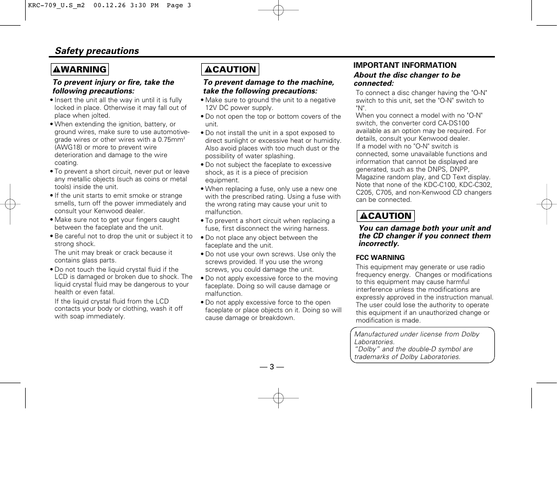 Safety precautions | Kenwood KRC-709 User Manual | Page 3 / 39