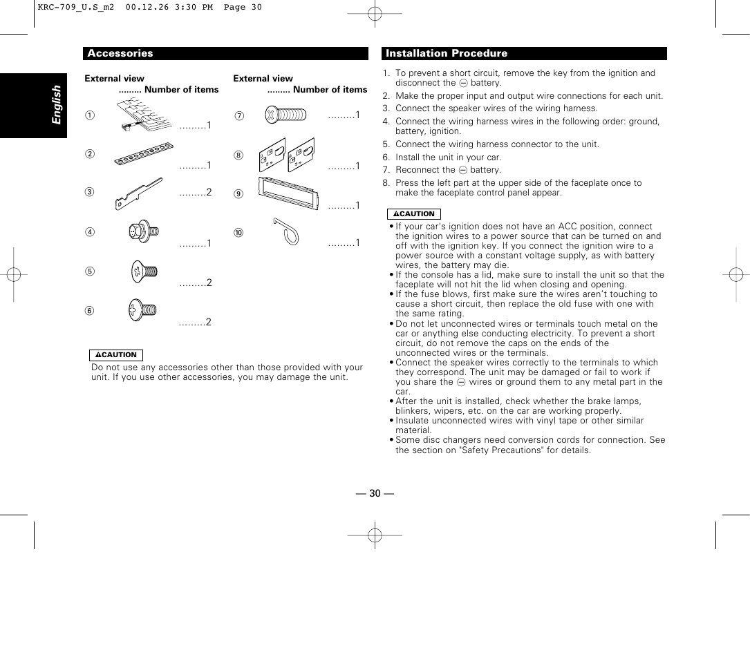 Installation, Accessories, Installation procedure | Kenwood KRC-709 User Manual | Page 30 / 39