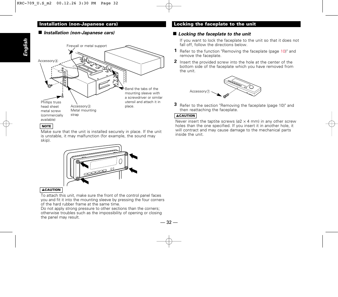 Installation (non-japanese cars), Locking the faceplate to the unit | Kenwood KRC-709 User Manual | Page 32 / 39