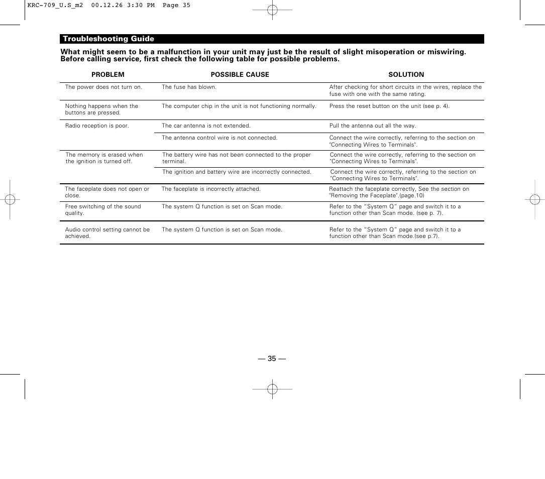 Troubleshooting guide | Kenwood KRC-709 User Manual | Page 35 / 39