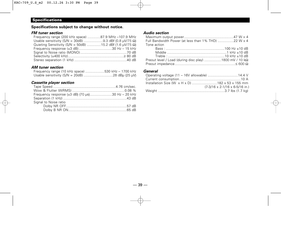 Specifications | Kenwood KRC-709 User Manual | Page 39 / 39