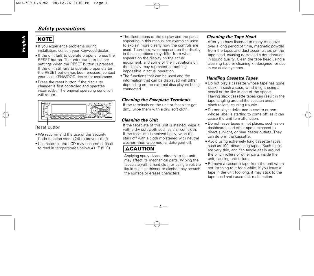 Safety precautions, English, 2 caution | Kenwood KRC-709 User Manual | Page 4 / 39