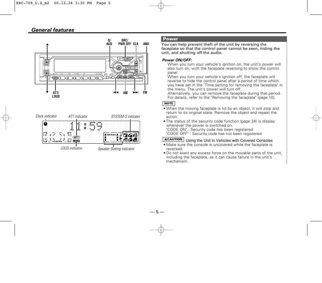 General features, Power | Kenwood KRC-709 User Manual | Page 5 / 39