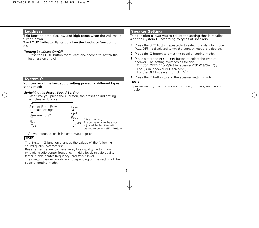 Loudness, System q, Speaker setting | Kenwood KRC-709 User Manual | Page 7 / 39