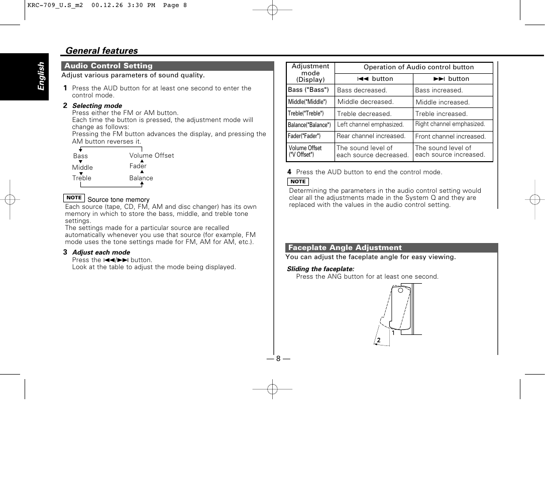 Audio control setting, Faceplate angle adjustment, General features | Kenwood KRC-709 User Manual | Page 8 / 39