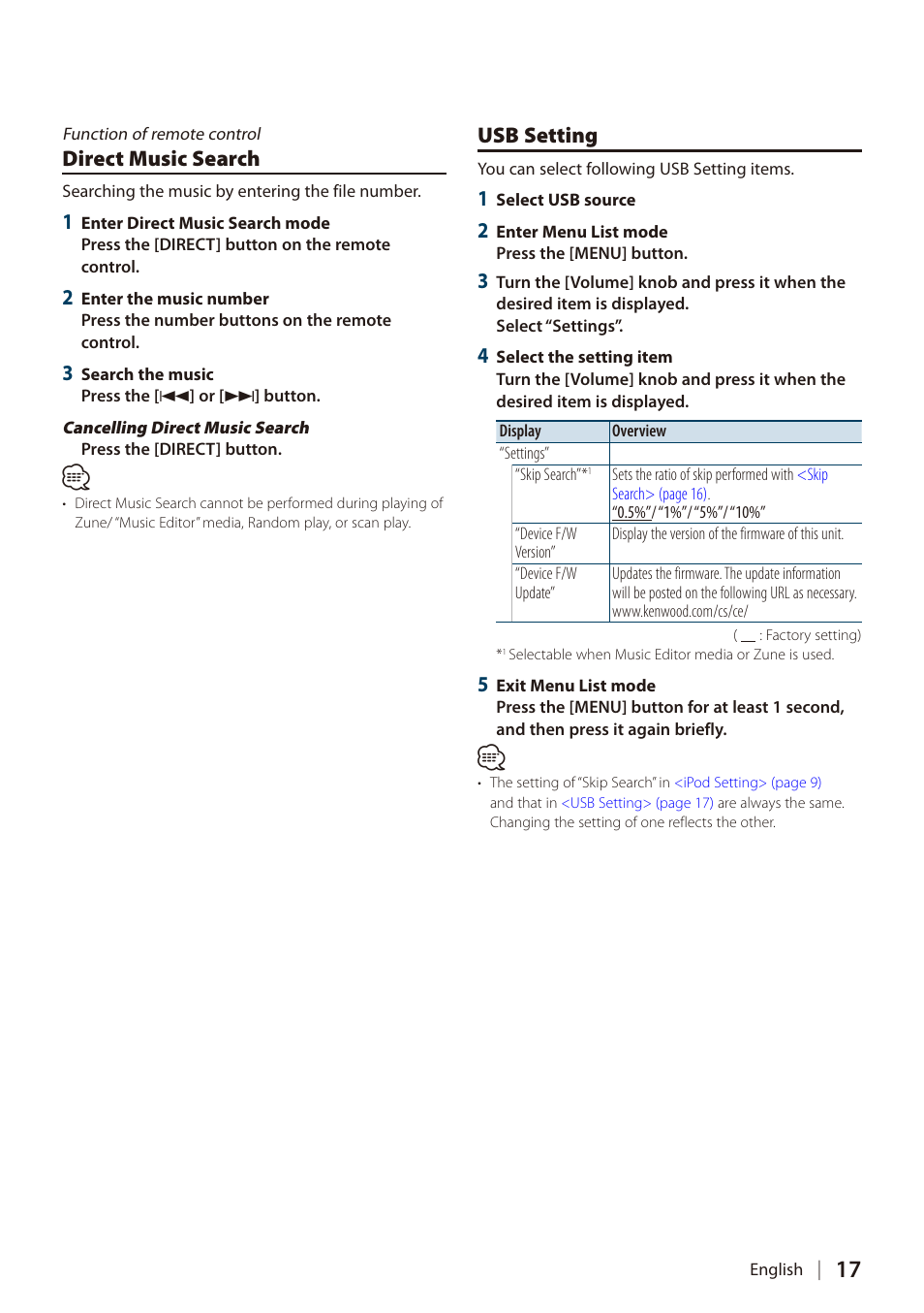 Direct music search, Usb setting | Kenwood DIGITAL MEDIA RECEIVER KIV-BT900 User Manual | Page 17 / 84