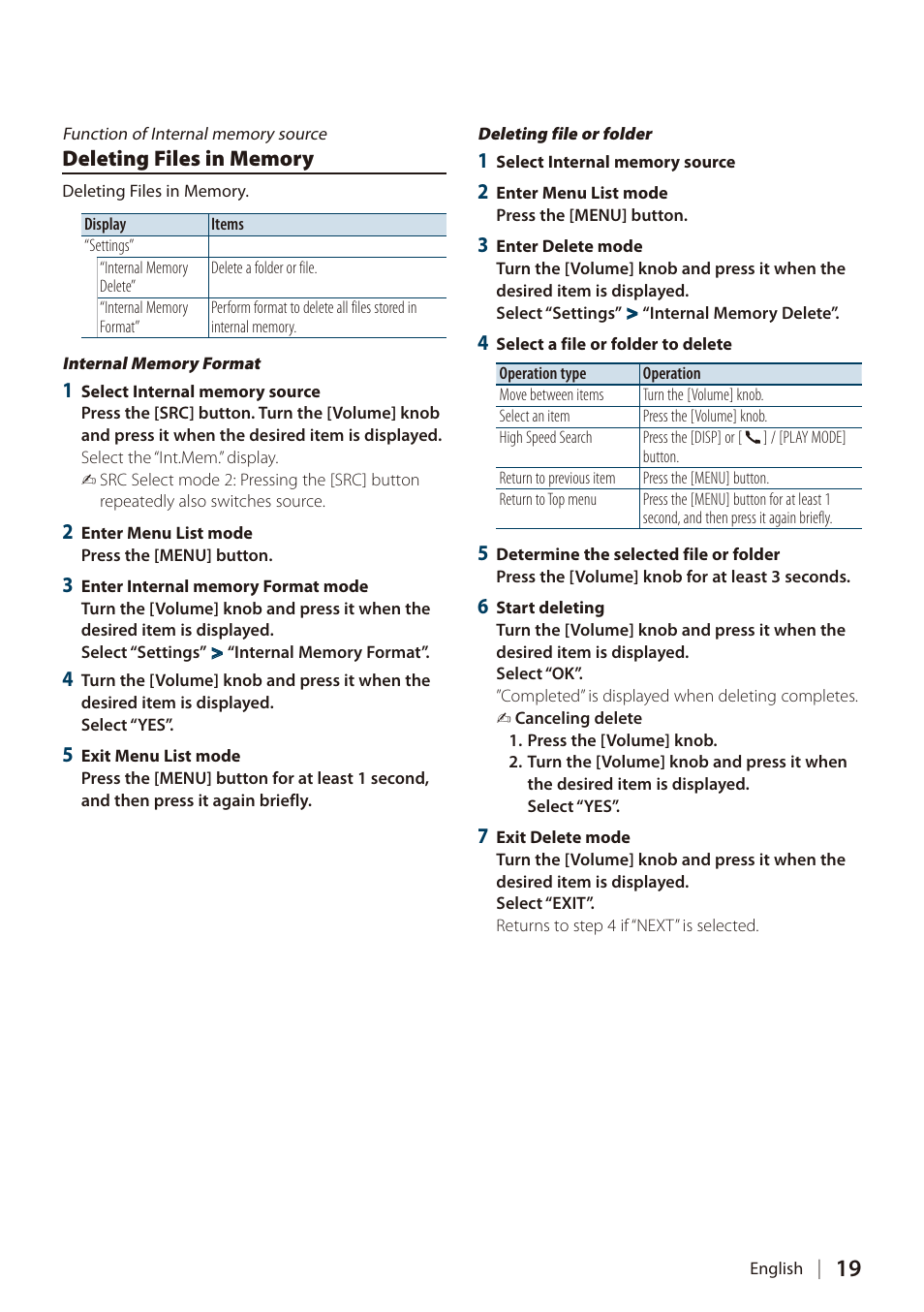 Deleting files in memory | Kenwood DIGITAL MEDIA RECEIVER KIV-BT900 User Manual | Page 19 / 84