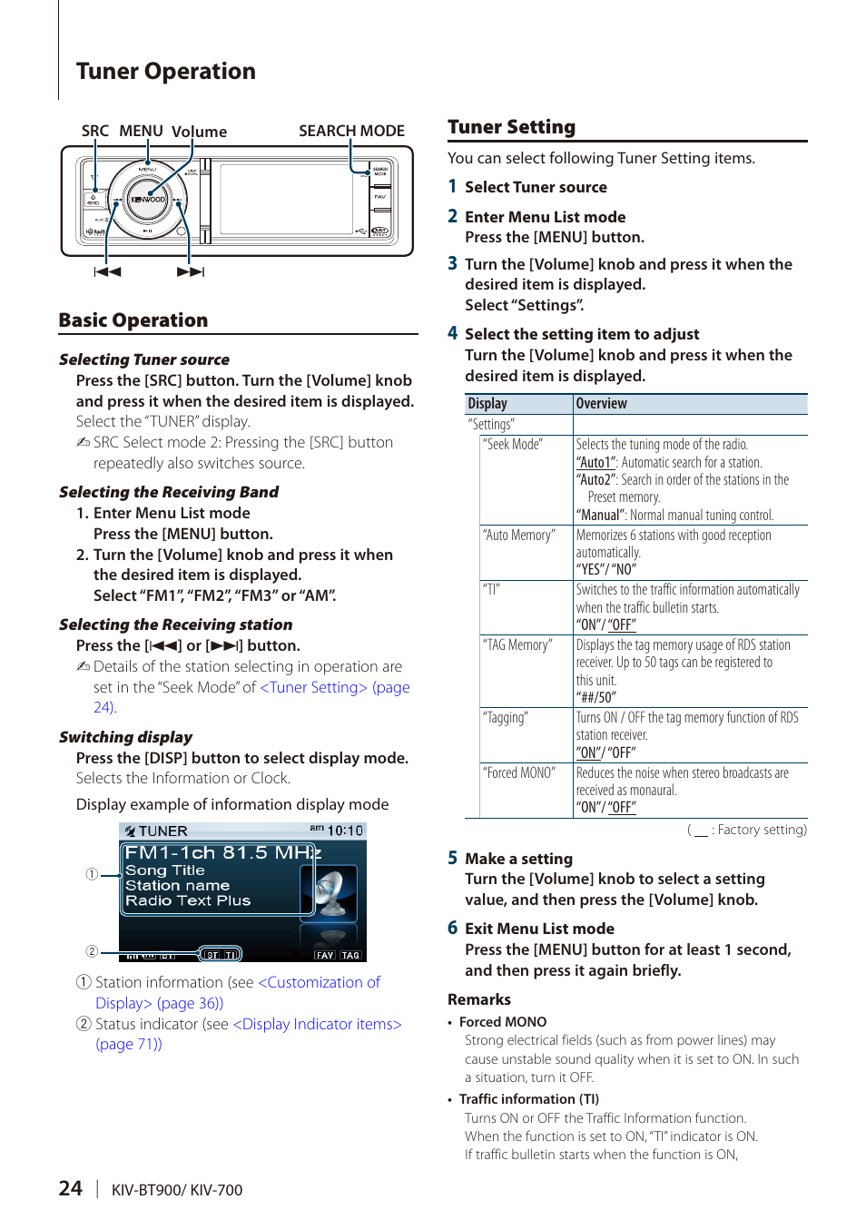 Tuner operation, Basic operation, Tuner setting | Kenwood DIGITAL MEDIA RECEIVER KIV-BT900 User Manual | Page 24 / 84