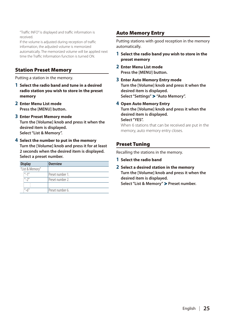 Station preset memory, Auto memory entry, Preset tuning | Kenwood DIGITAL MEDIA RECEIVER KIV-BT900 User Manual | Page 25 / 84