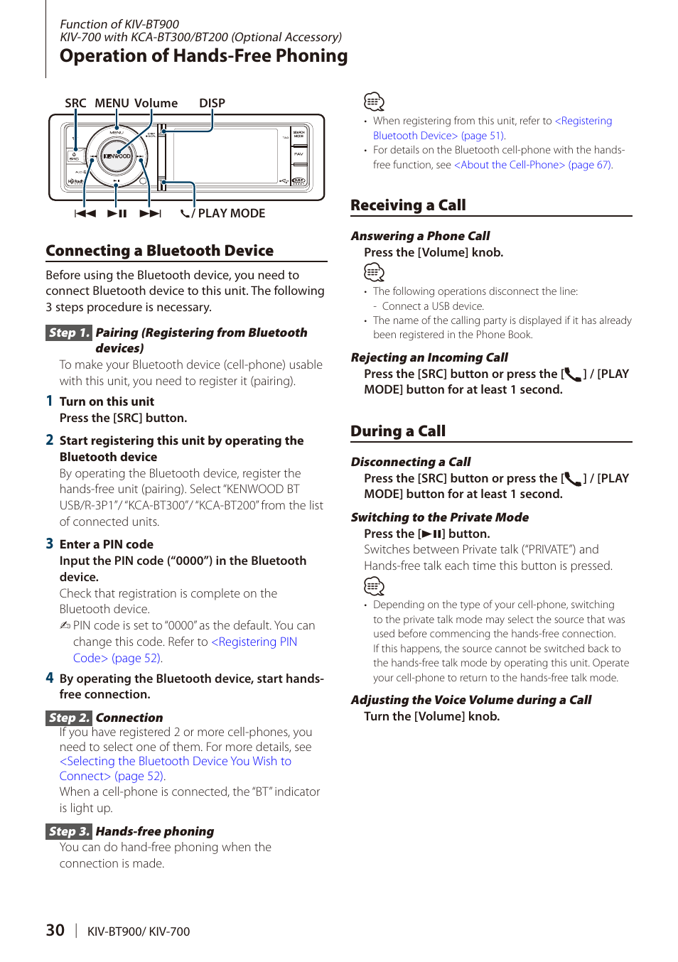 Operation of hands-free phoning, Connecting a bluetooth device, Receiving a call | During a call, Operation of hands-free, Phoning | Kenwood DIGITAL MEDIA RECEIVER KIV-BT900 User Manual | Page 30 / 84