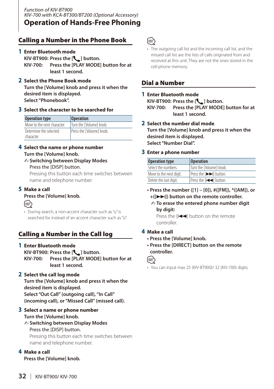 Calling a number in the phone book, Calling a number in the call log, Dial a number | Calling a number in the phone, Book, Operation of hands-free phoning | Kenwood DIGITAL MEDIA RECEIVER KIV-BT900 User Manual | Page 32 / 84