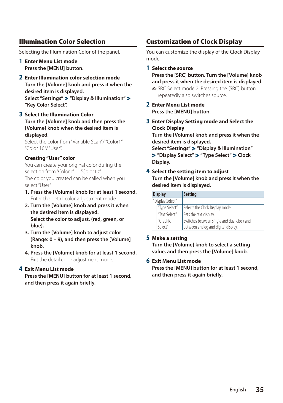 Illumination color selection, Customization of clock display | Kenwood DIGITAL MEDIA RECEIVER KIV-BT900 User Manual | Page 35 / 84