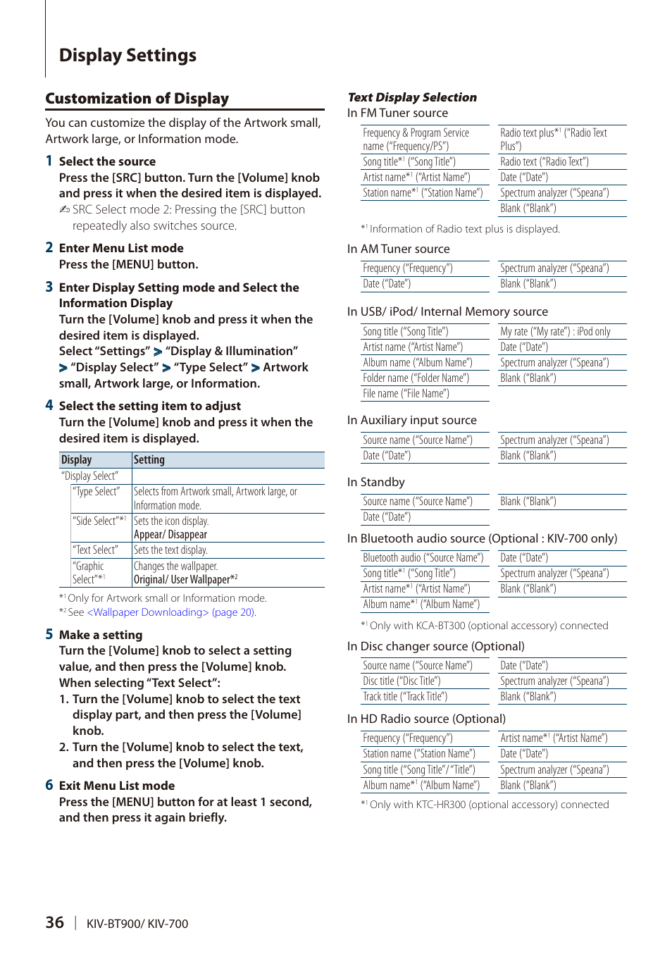 Customization of display, Display settings | Kenwood DIGITAL MEDIA RECEIVER KIV-BT900 User Manual | Page 36 / 84