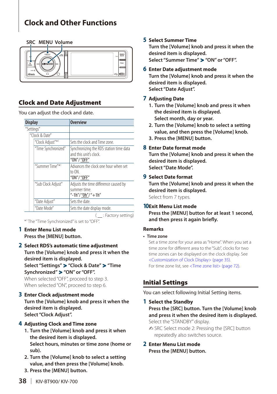 Clock and other functions, Clock and date adjustment, Initial settings | Clock and other functions 38 | Kenwood DIGITAL MEDIA RECEIVER KIV-BT900 User Manual | Page 38 / 84