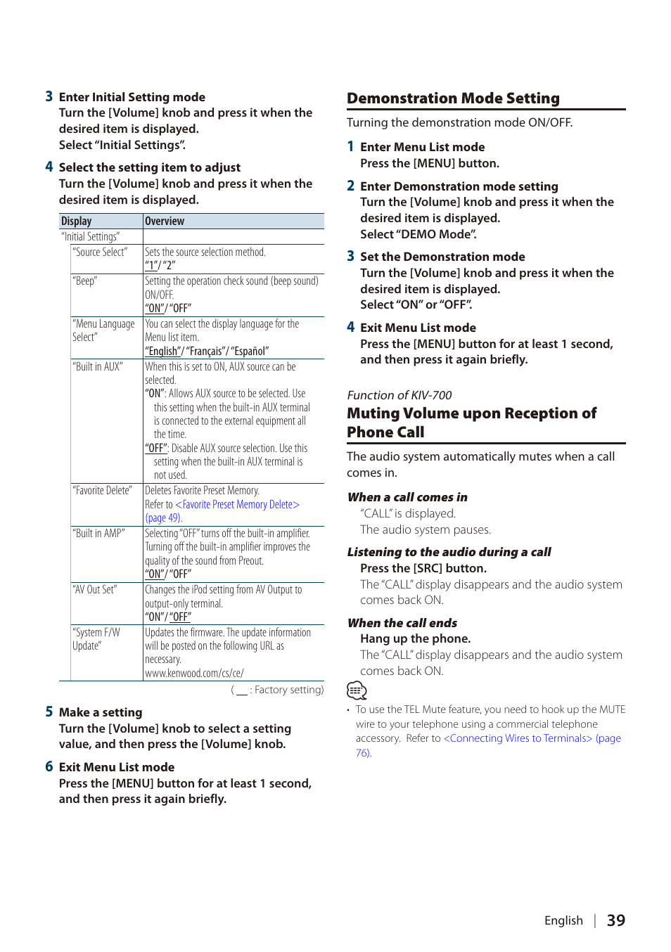 Demonstration mode setting, Muting volume upon reception of phone call, Muting volume upon reception of | Phone call | Kenwood DIGITAL MEDIA RECEIVER KIV-BT900 User Manual | Page 39 / 84