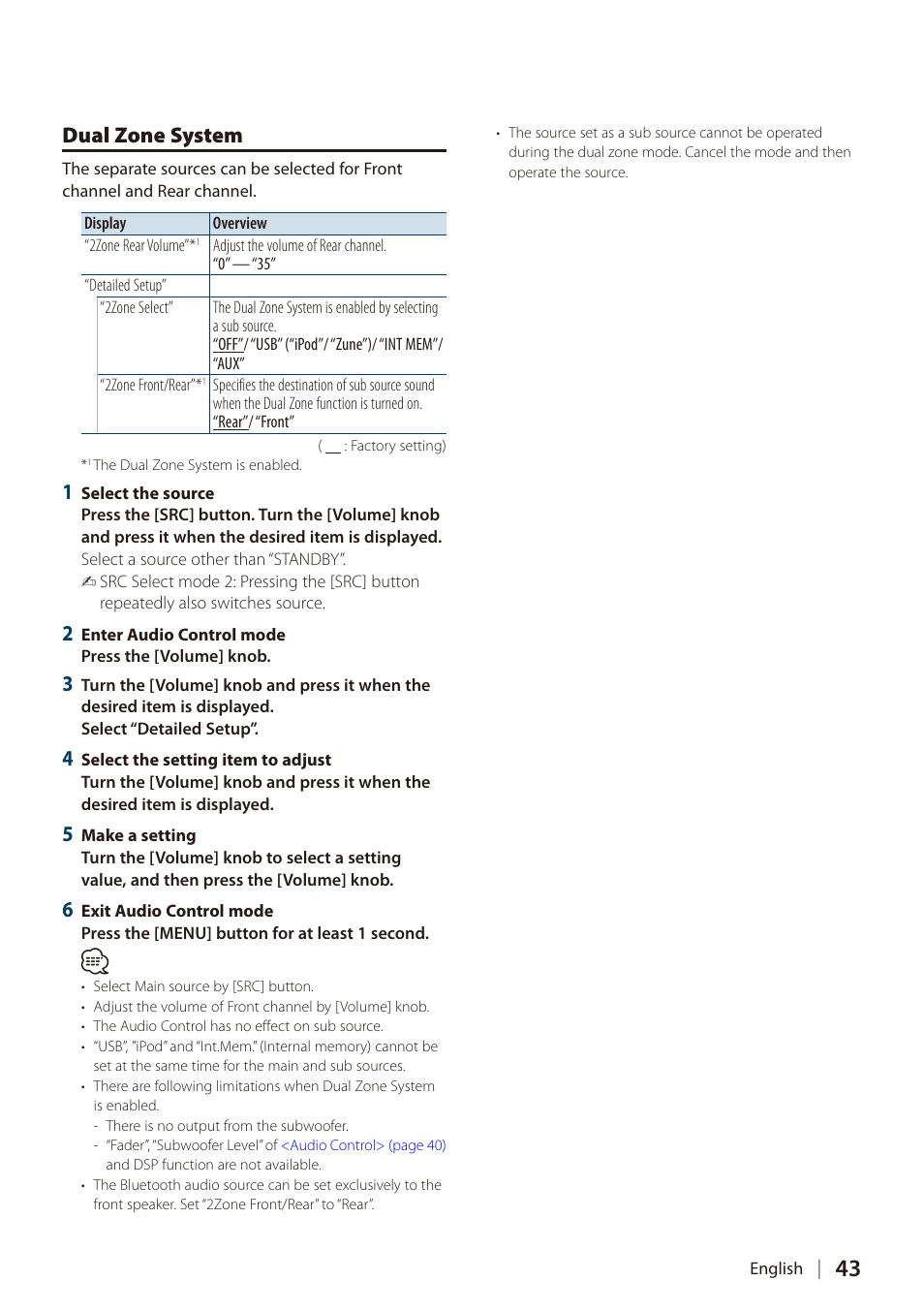 Dual zone system | Kenwood DIGITAL MEDIA RECEIVER KIV-BT900 User Manual | Page 43 / 84