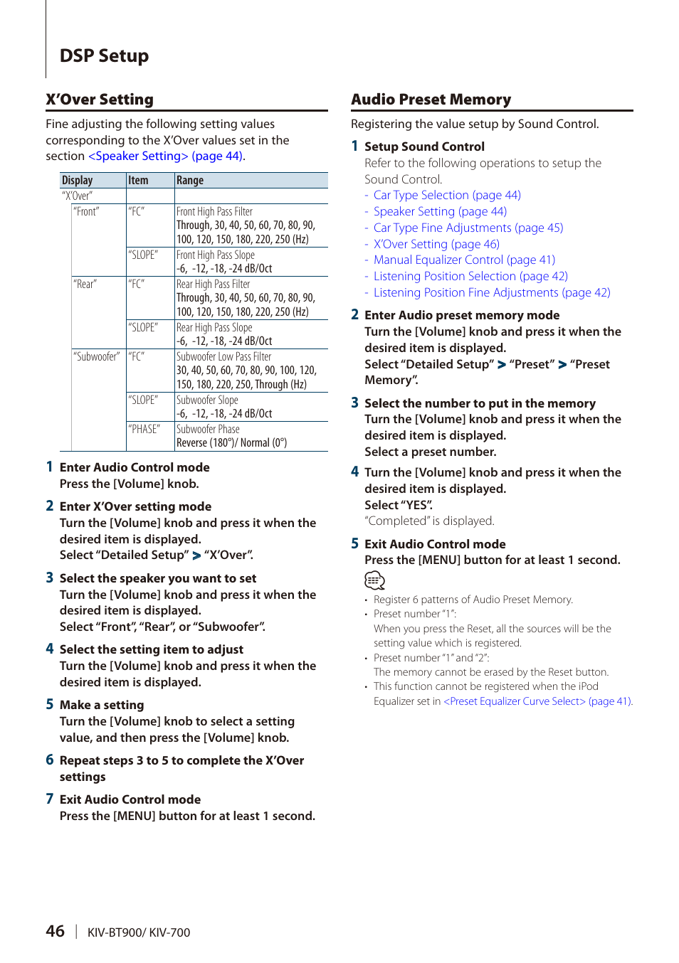 X’over setting, Audio preset memory, Dsp setup | Kenwood DIGITAL MEDIA RECEIVER KIV-BT900 User Manual | Page 46 / 84