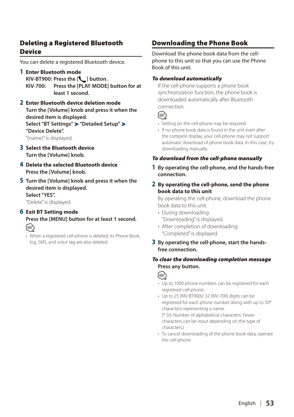 Deleting a registered bluetooth device, Downloading the phone book, Deleting a registered bluetooth | Device | Kenwood DIGITAL MEDIA RECEIVER KIV-BT900 User Manual | Page 53 / 84