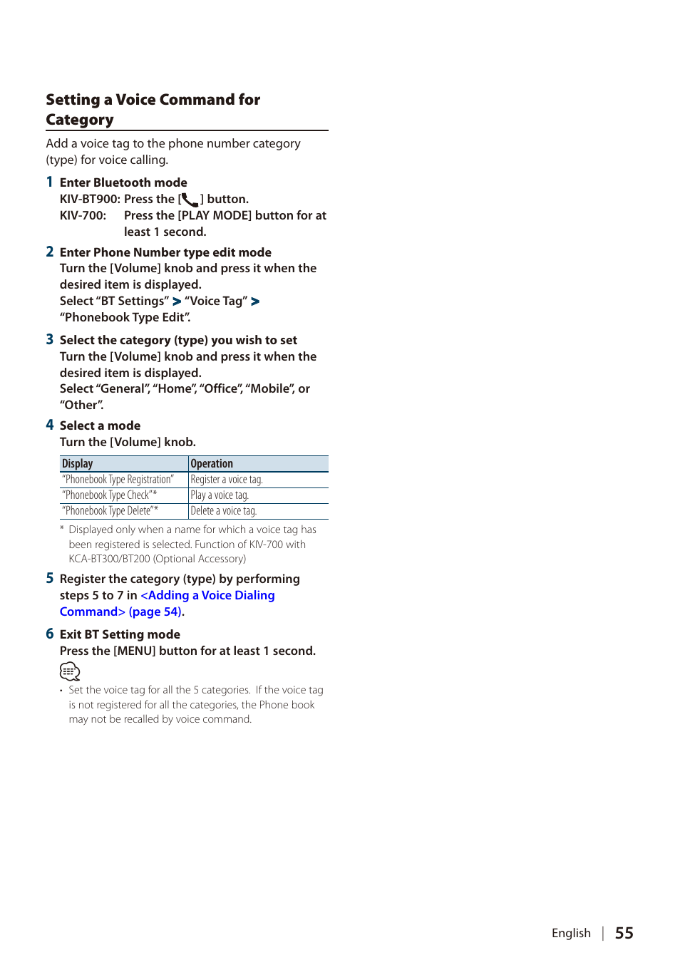 Setting a voice command for category, Setting a voice command for, Category | Kenwood DIGITAL MEDIA RECEIVER KIV-BT900 User Manual | Page 55 / 84