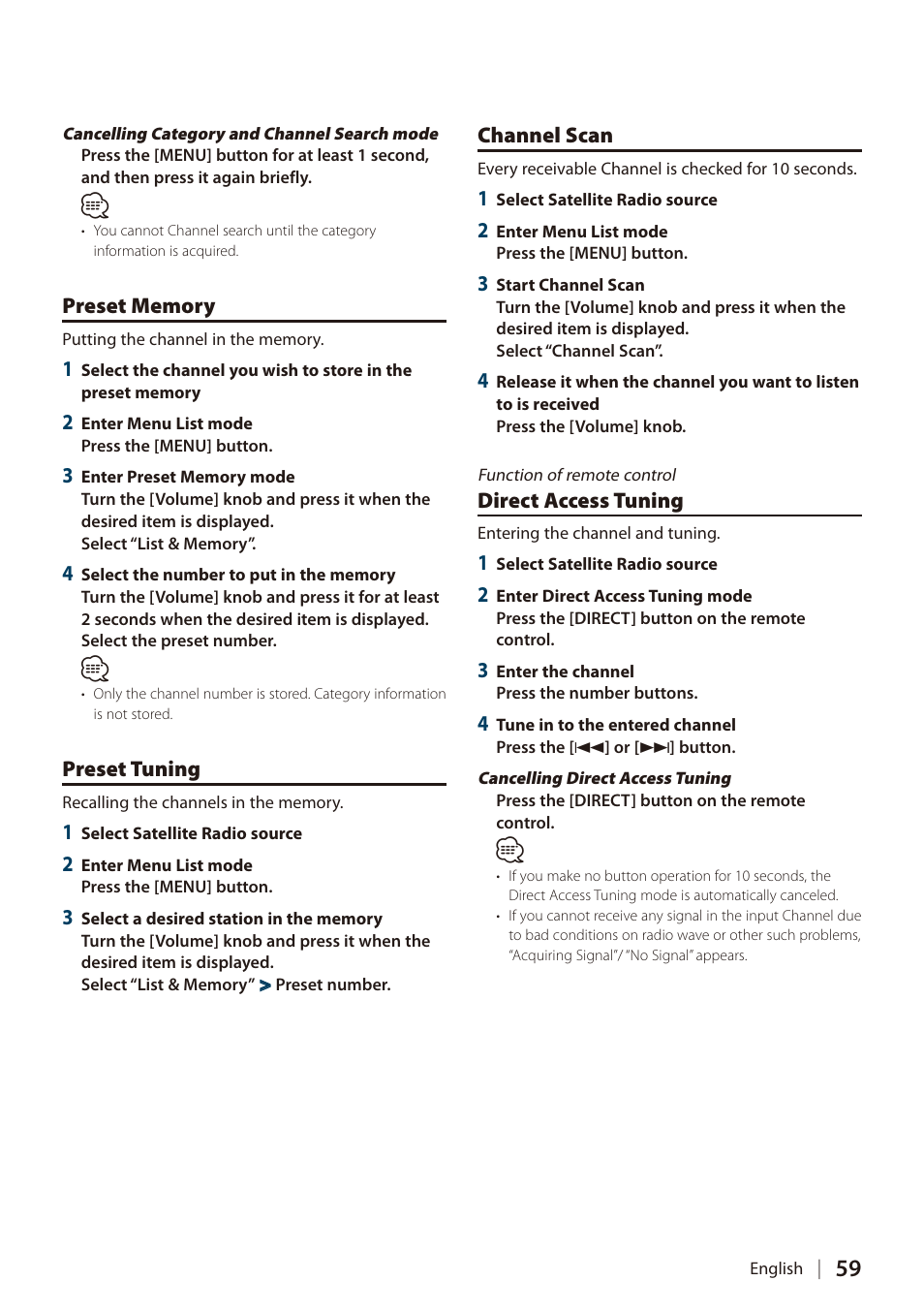 Preset memory, Preset tuning, Channel scan | Direct access tuning | Kenwood DIGITAL MEDIA RECEIVER KIV-BT900 User Manual | Page 59 / 84