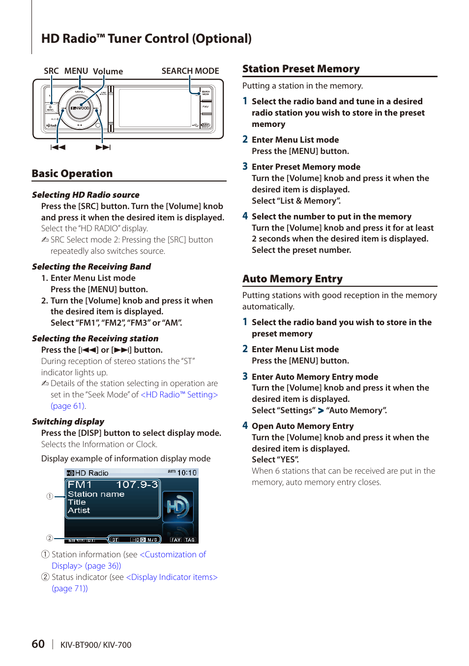 Hd radio™ tuner control (optional), Basic operation, Station preset memory | Auto memory entry, Hd radio™ tuner control, Optional) | Kenwood DIGITAL MEDIA RECEIVER KIV-BT900 User Manual | Page 60 / 84