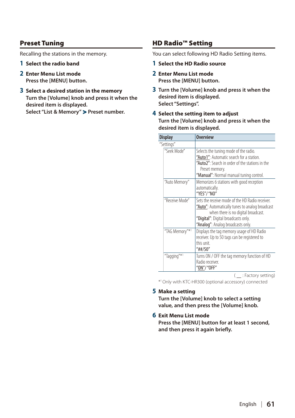 Preset tuning, Hd radio™ setting | Kenwood DIGITAL MEDIA RECEIVER KIV-BT900 User Manual | Page 61 / 84