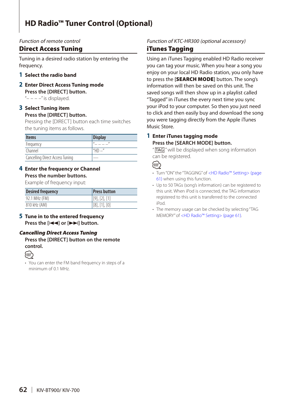 Direct access tuning, Itunes tagging, Hd radio™ tuner control (optional) | Kenwood DIGITAL MEDIA RECEIVER KIV-BT900 User Manual | Page 62 / 84